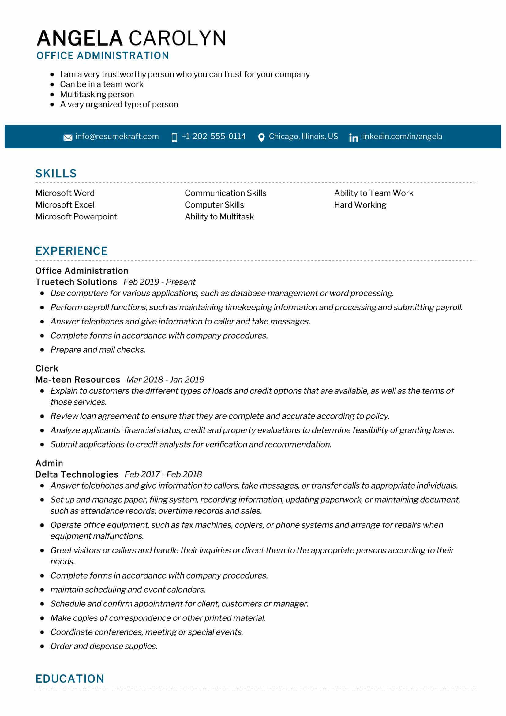 resume sample for fresh graduate office administration