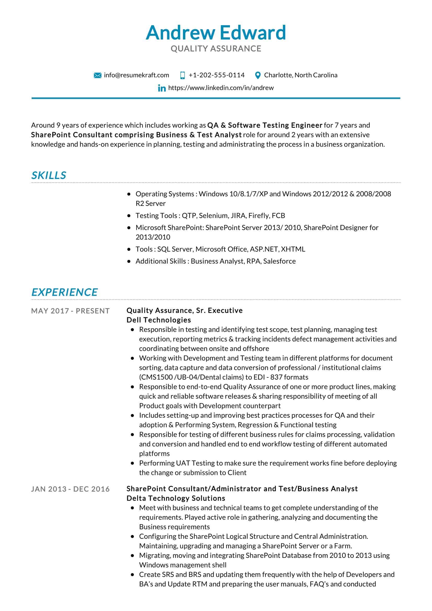 example of software quality assurance resume