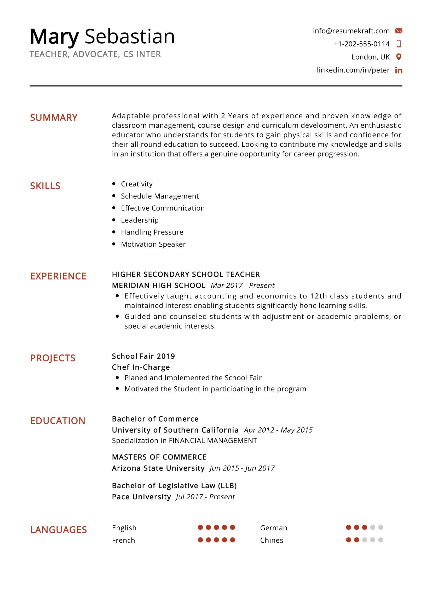 Secondary School Teacher Resume Sample - ResumeKraft