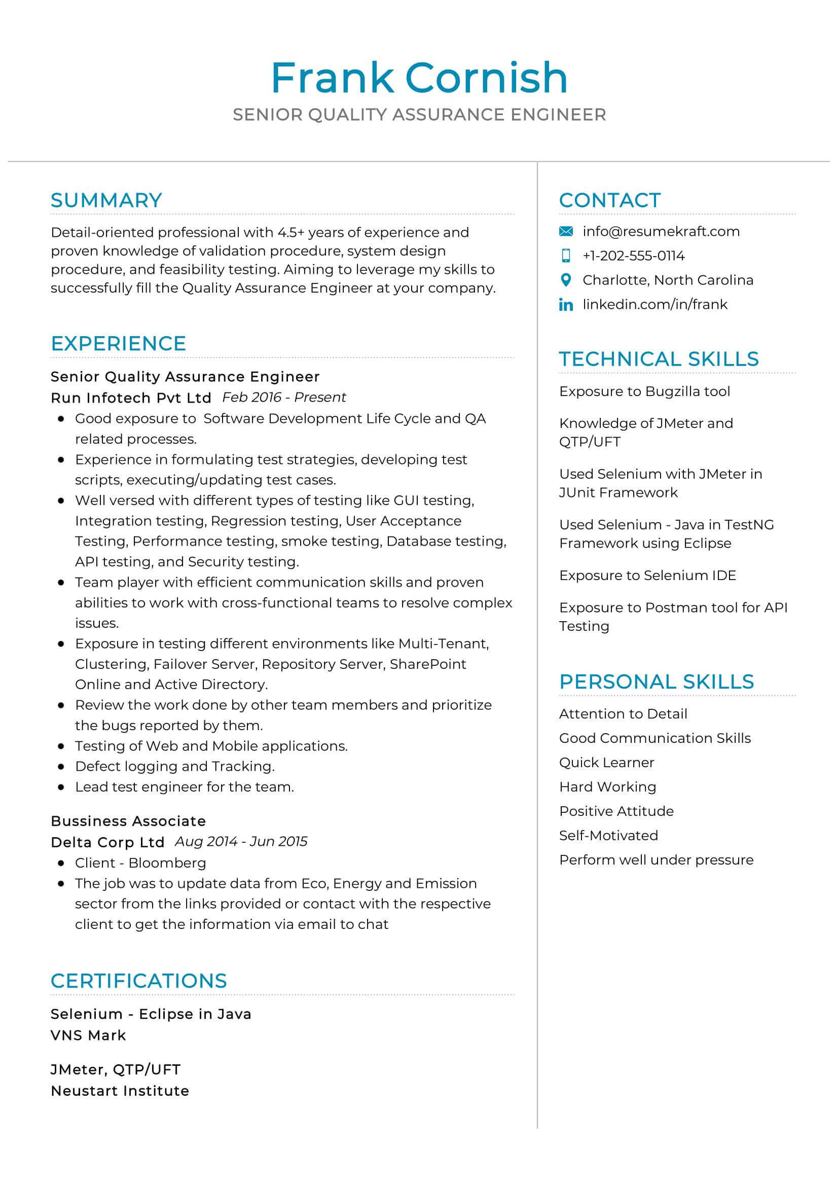 Senior Quality Assurance Engineer Resume 2021 Writing Tips Resumekraft