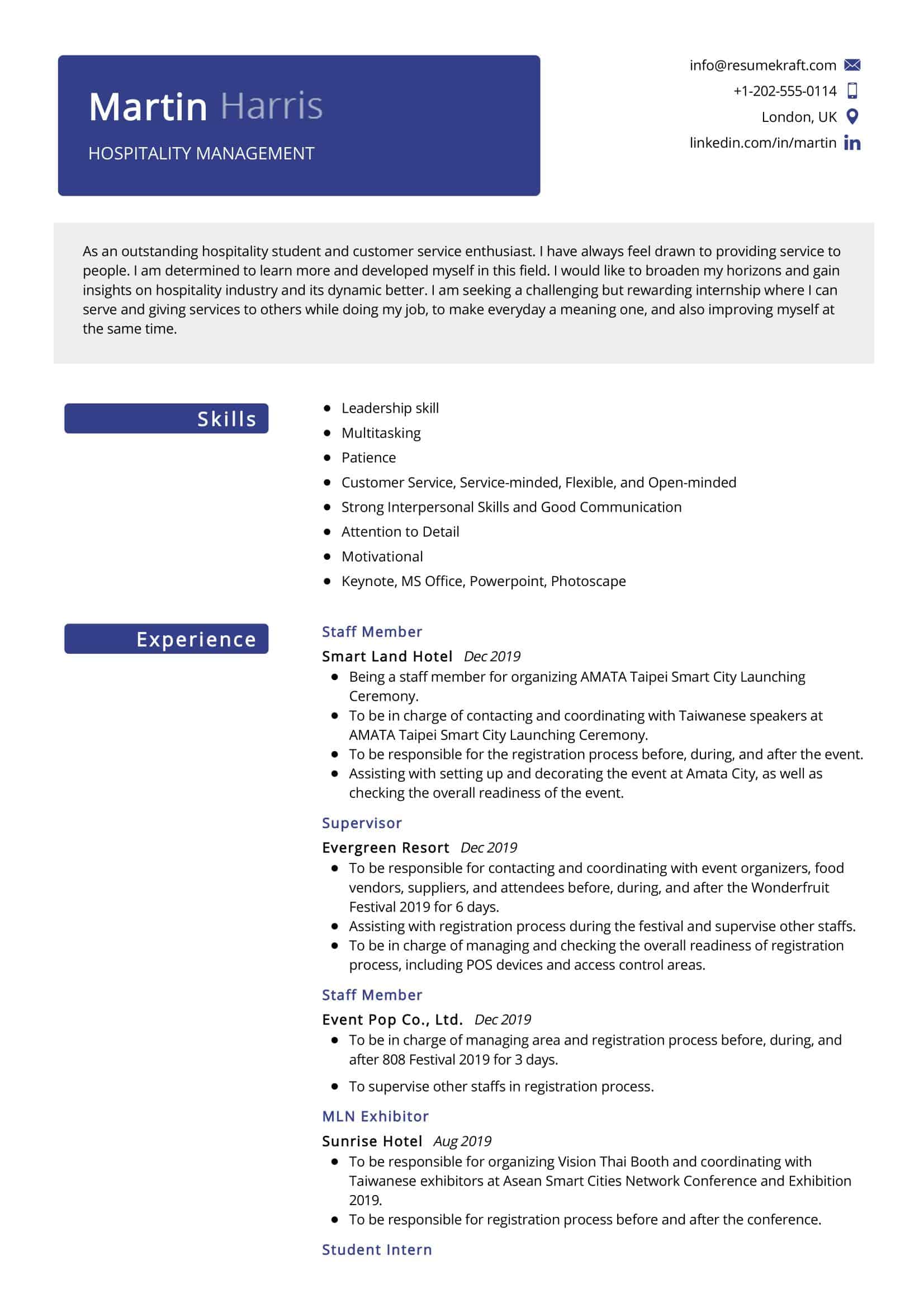 resume format hotel management