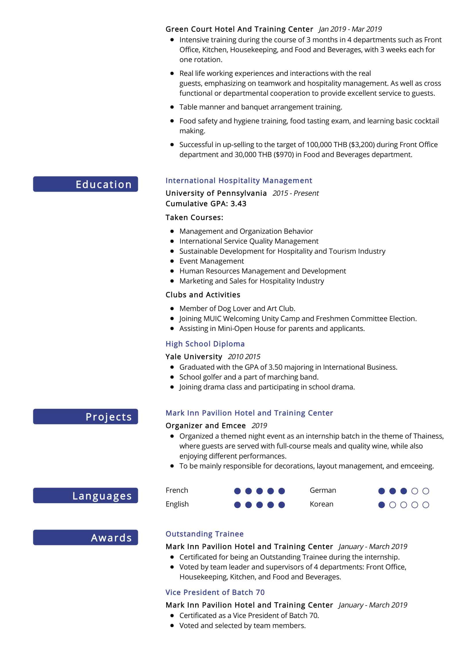 resume format for freshers hotel management student