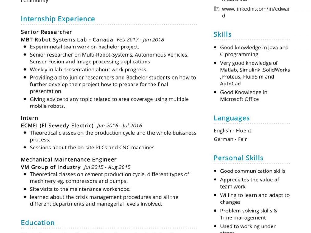 Mechatronics Engineer Resume