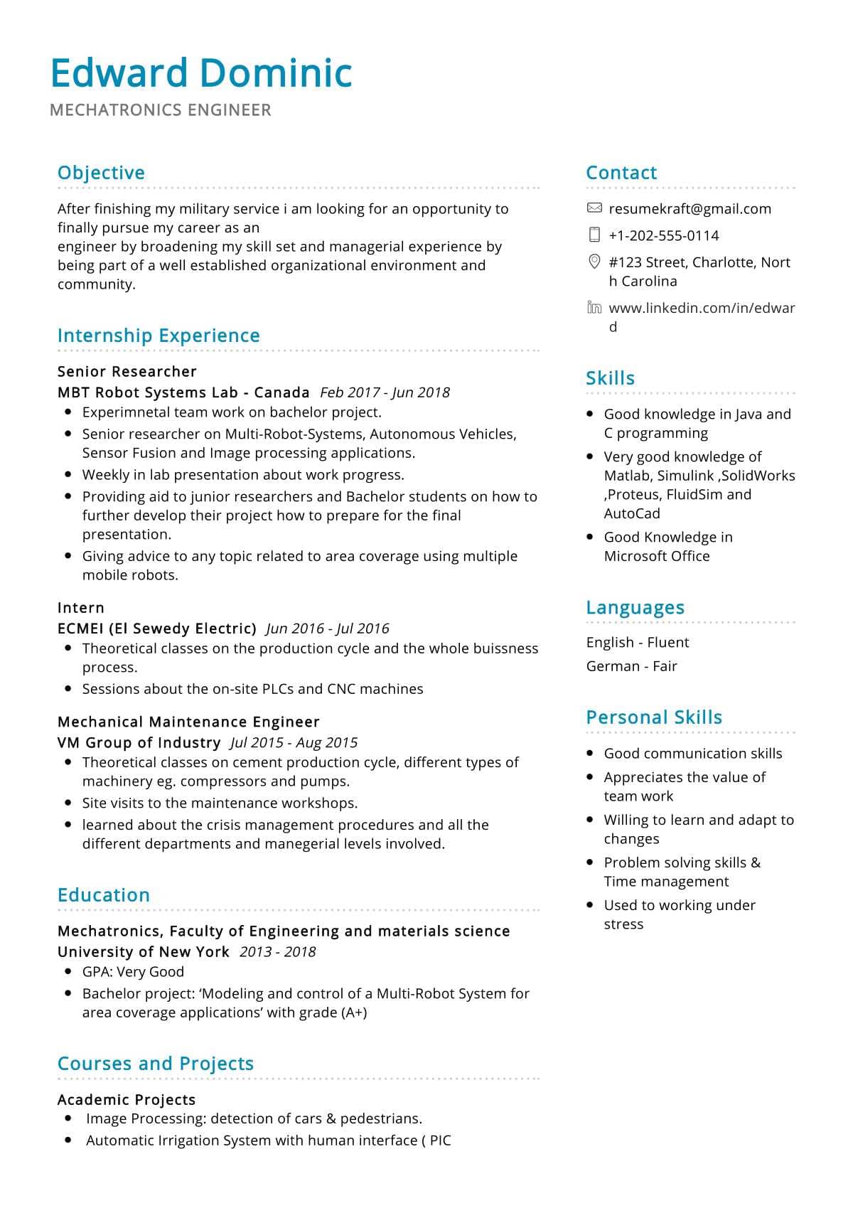 Mechatronics Engineer Resume Sample - ResumeKraft