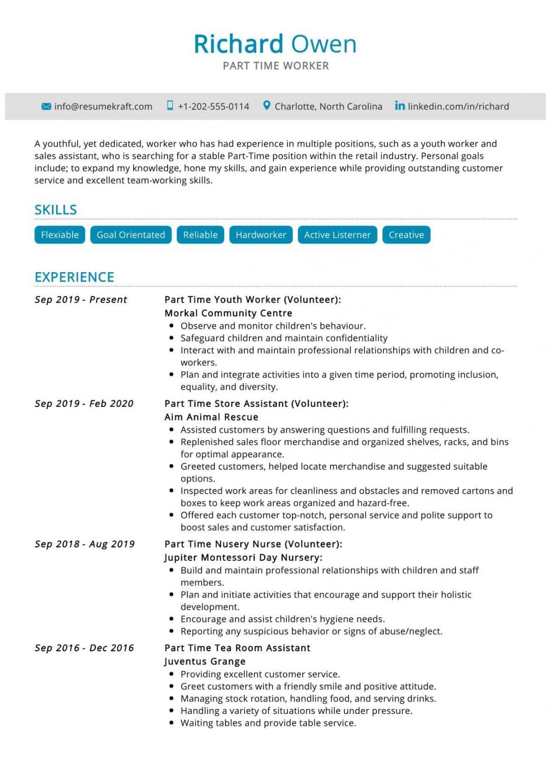 part time job resume summary examples