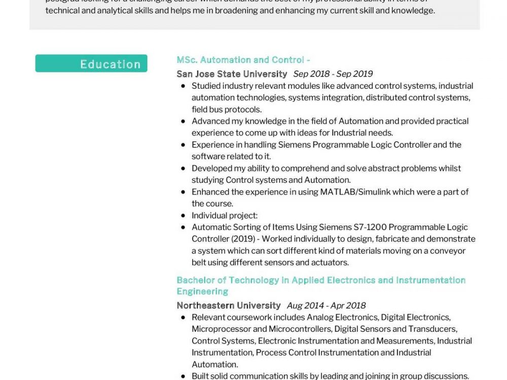 Automation Controls Engineer Student Resume