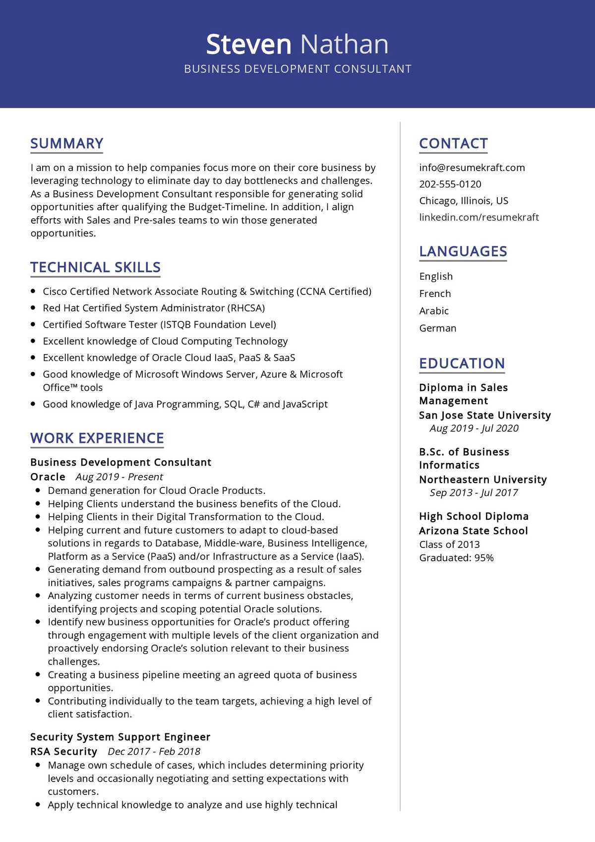 business development in resume