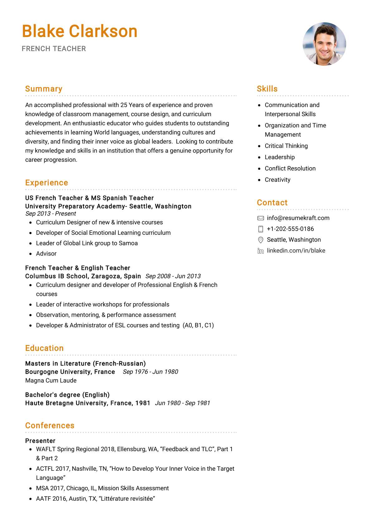 resume for french teaching position