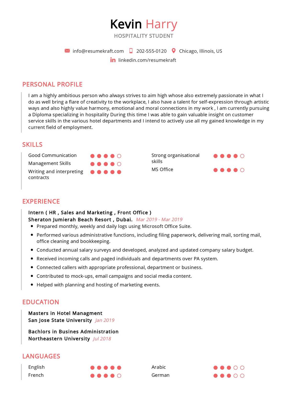 Hospitality Student Resume Sample In 2025 ResumeKraft
