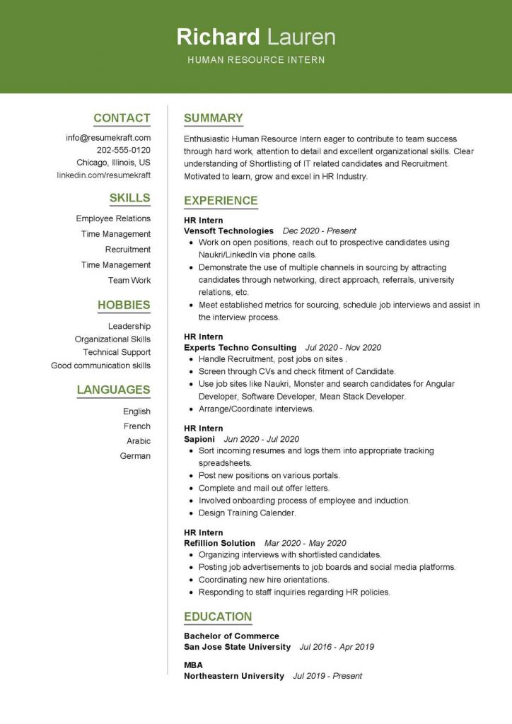 hr internship resume examples