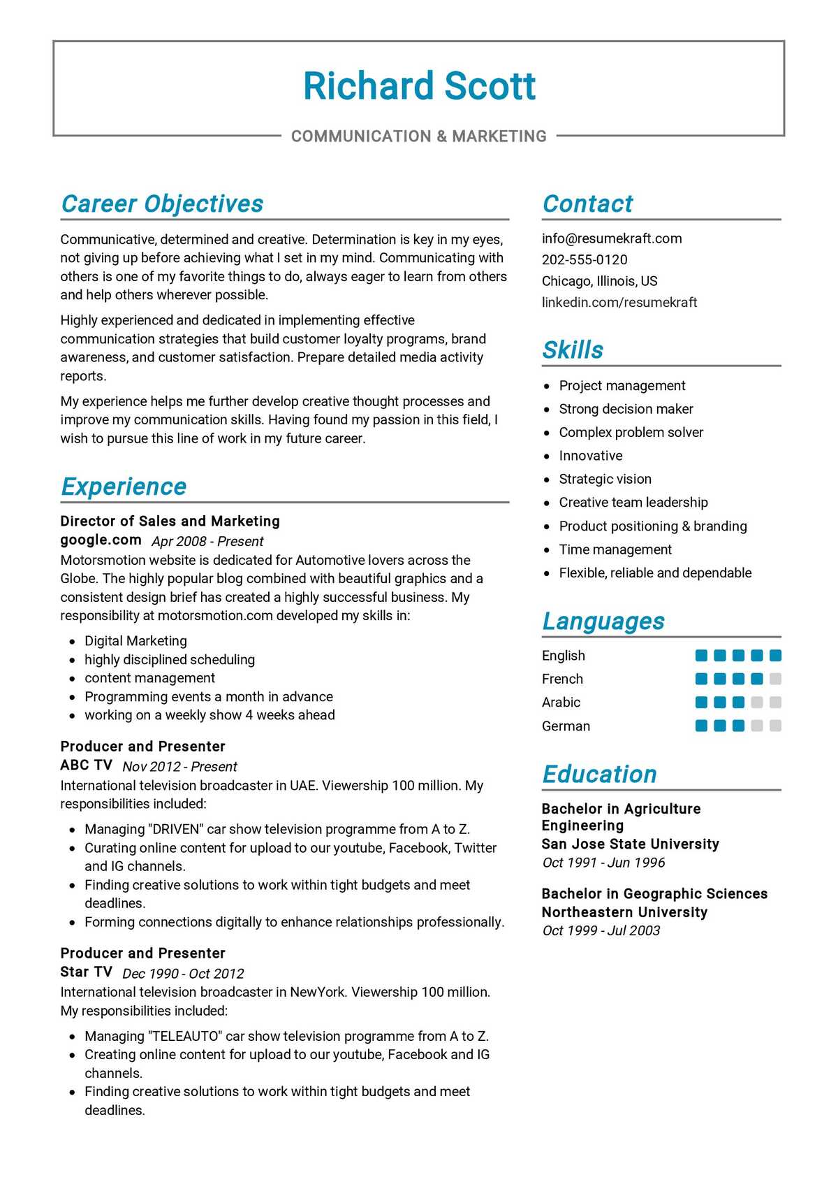 free resume templates for communciations professionals