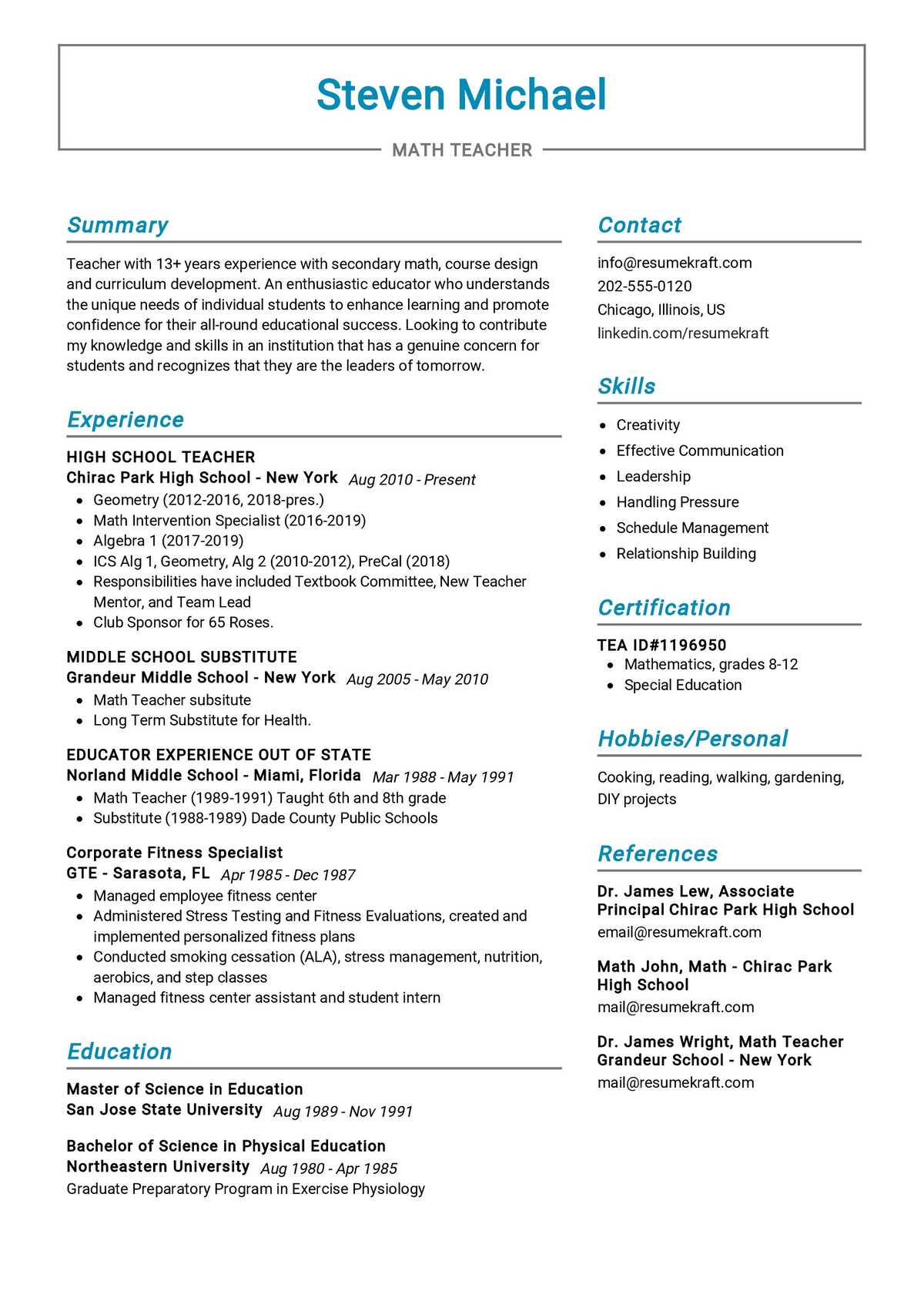 Math Teacher Resume Sample - ResumeKraft