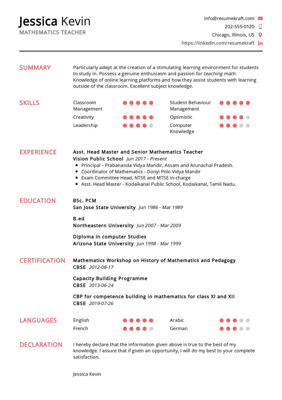 Math Teacher Job Description Resume