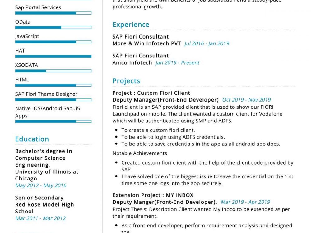 SAP UI5 Fiori Consultant Resume Sample