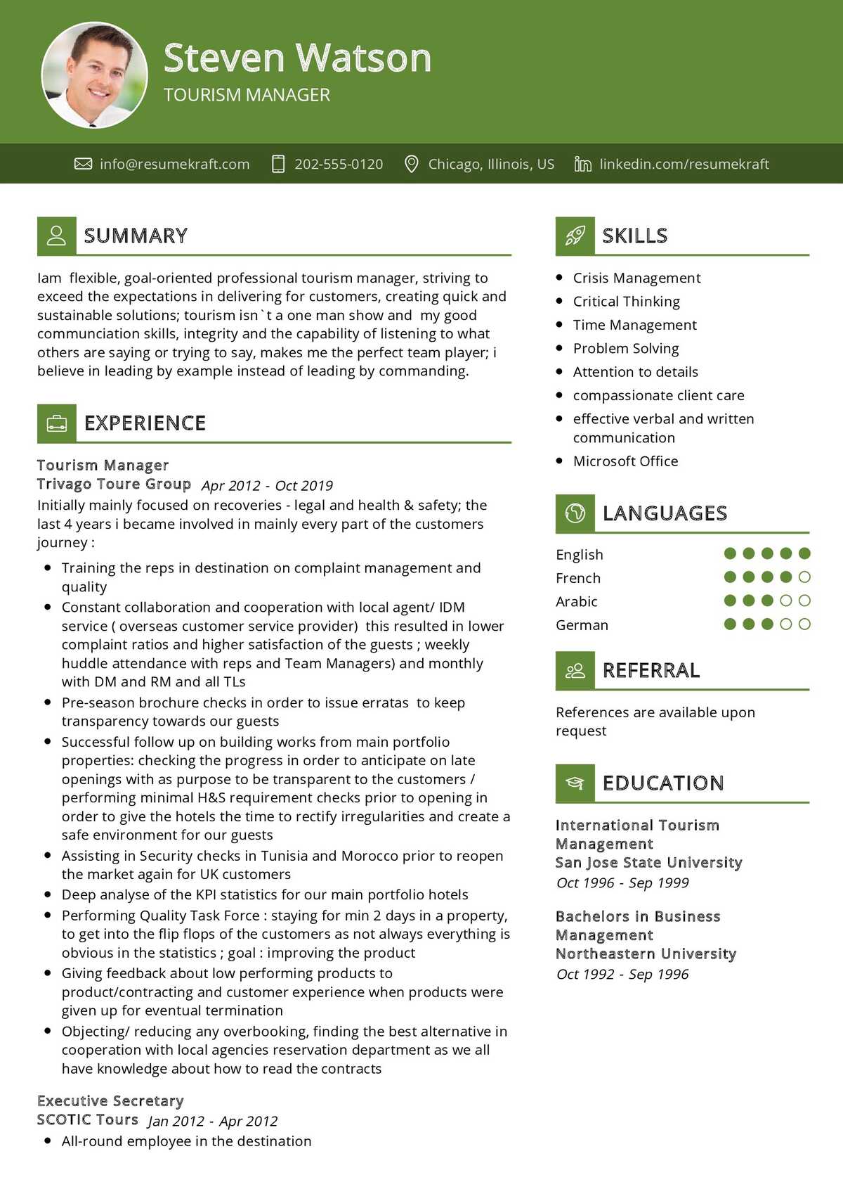 tourism manager resume