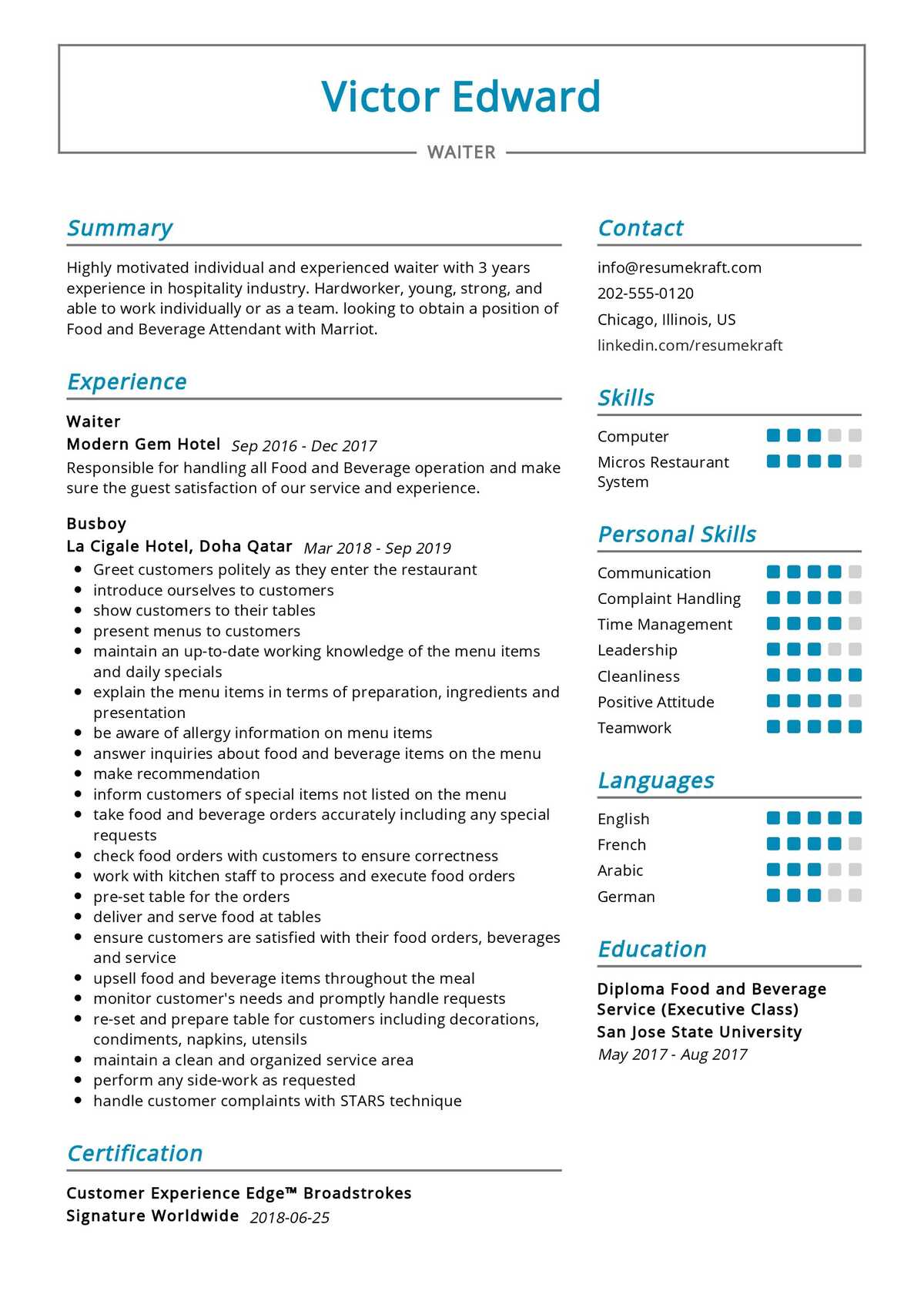 sample resume profile for waiter
