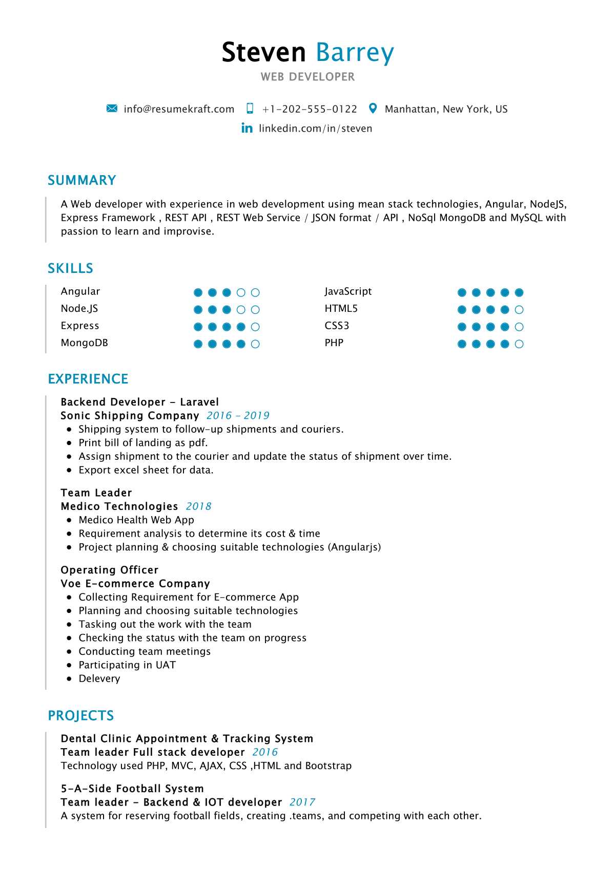 web development project manager resume