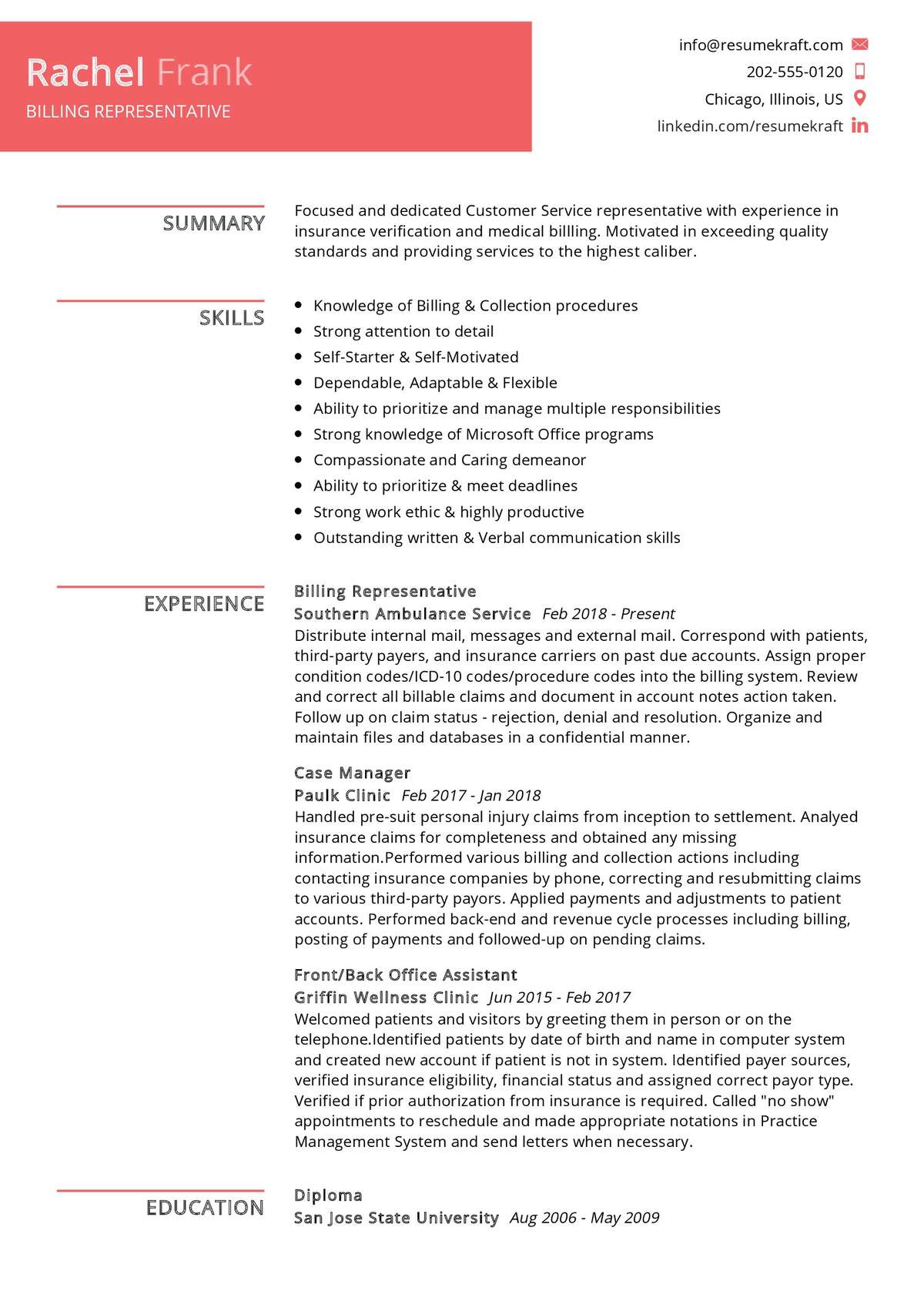 Billing Representative Resume Sample 2021 Writing Guide & Tips- ResumeKraft