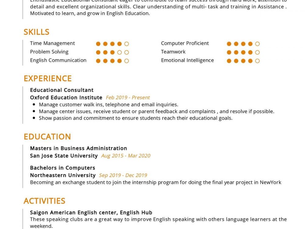 sample resume of educational consultant