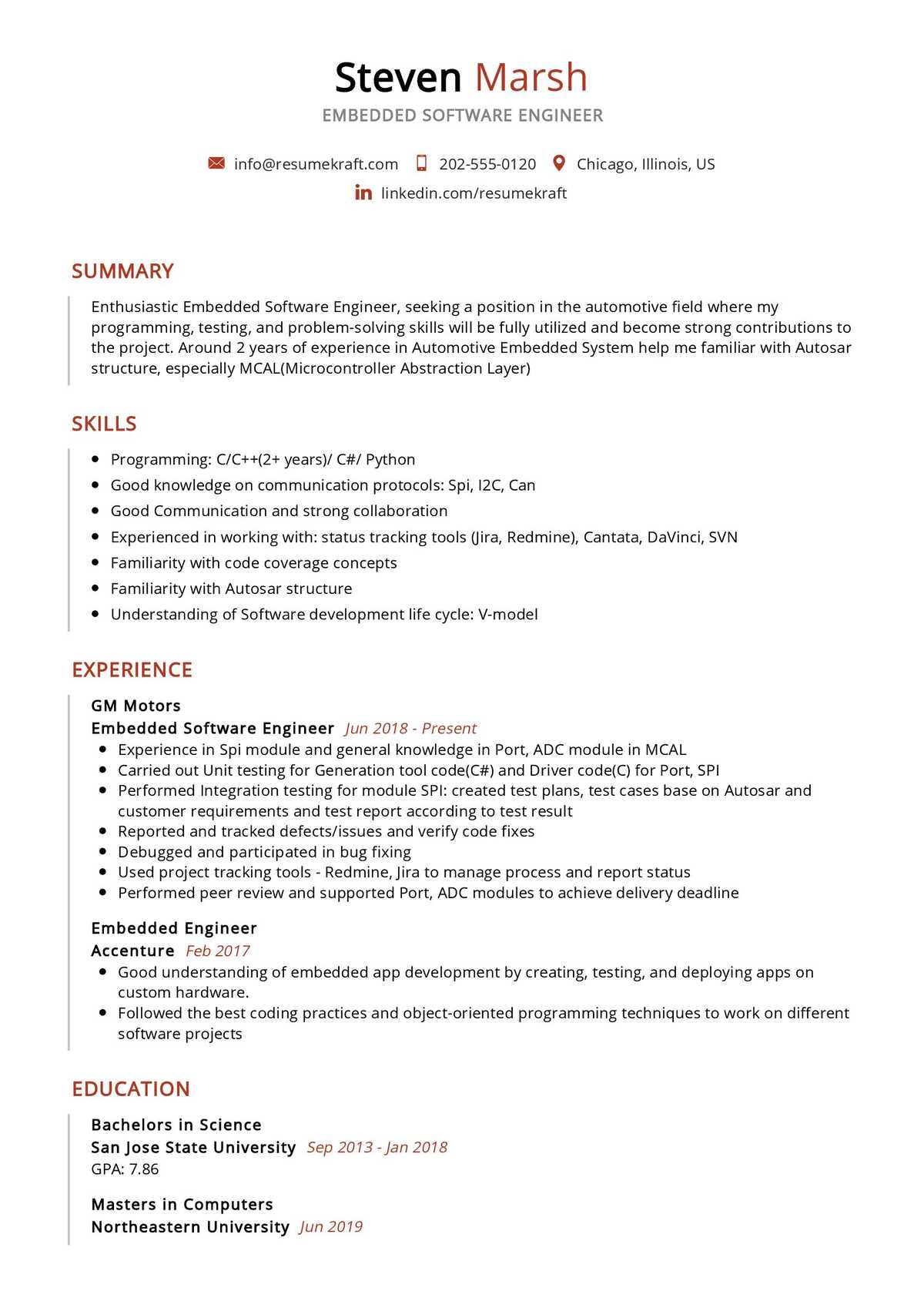sample resume for embedded software engineer fresher