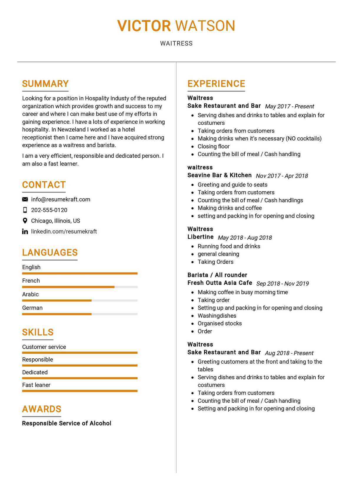 Waitress Resume Sample 2021 Writing Guide Tips ResumeKraft   Waitress Resume Sample 