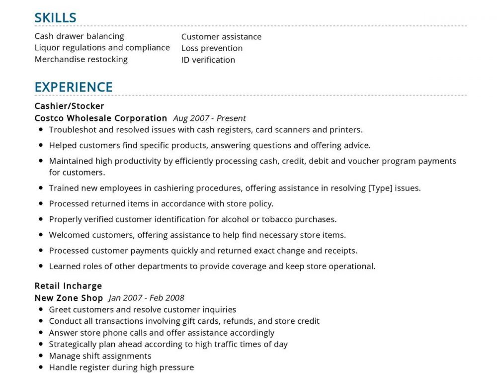 what to write in resume for cashier