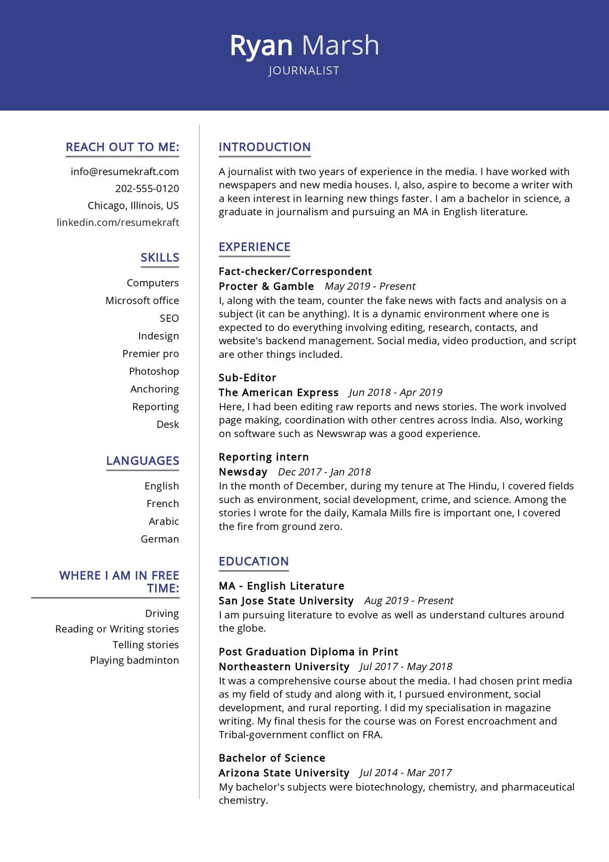 sample resume for digital journalist