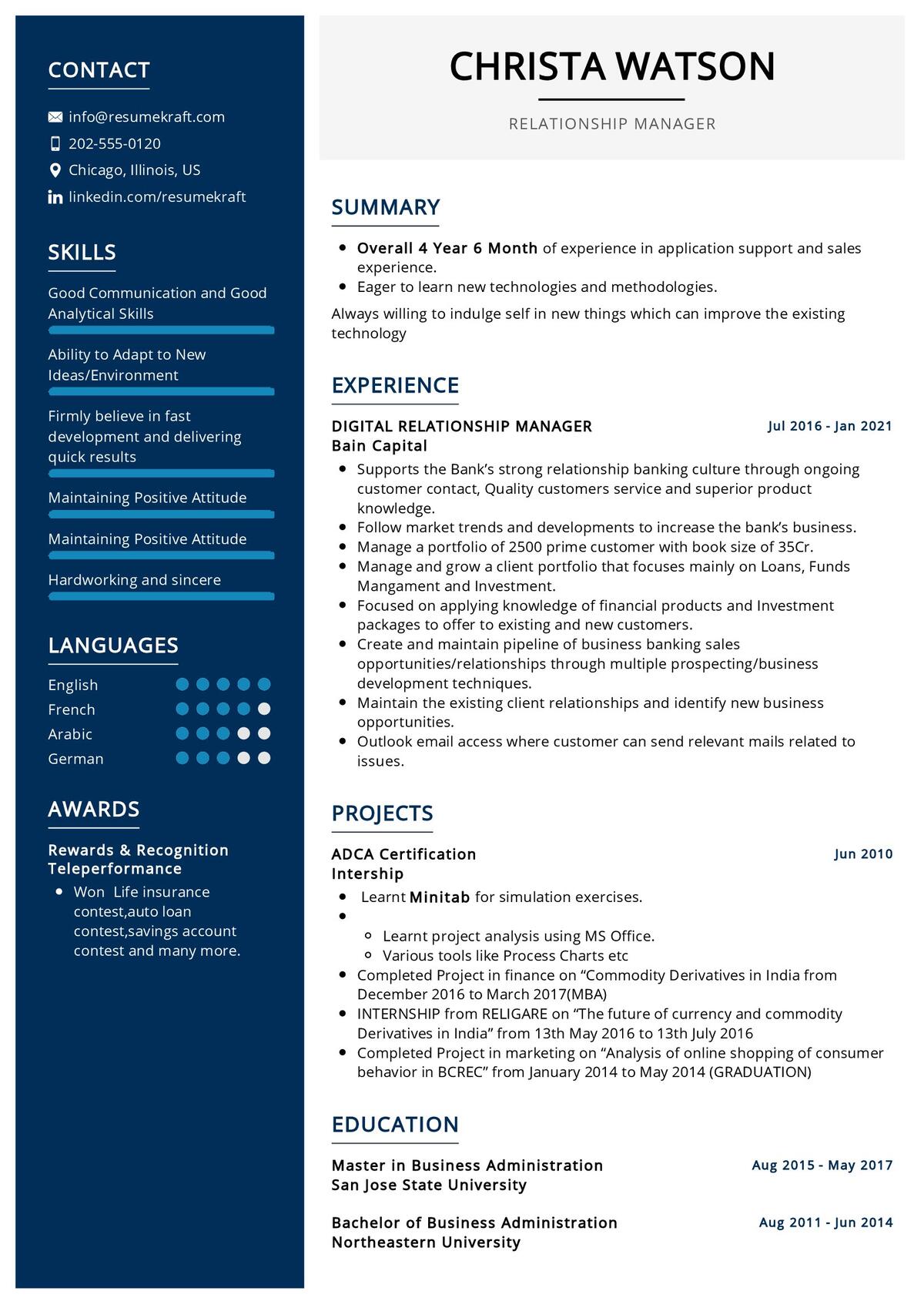 Relationship Manager Resume Example - ResumeKraft