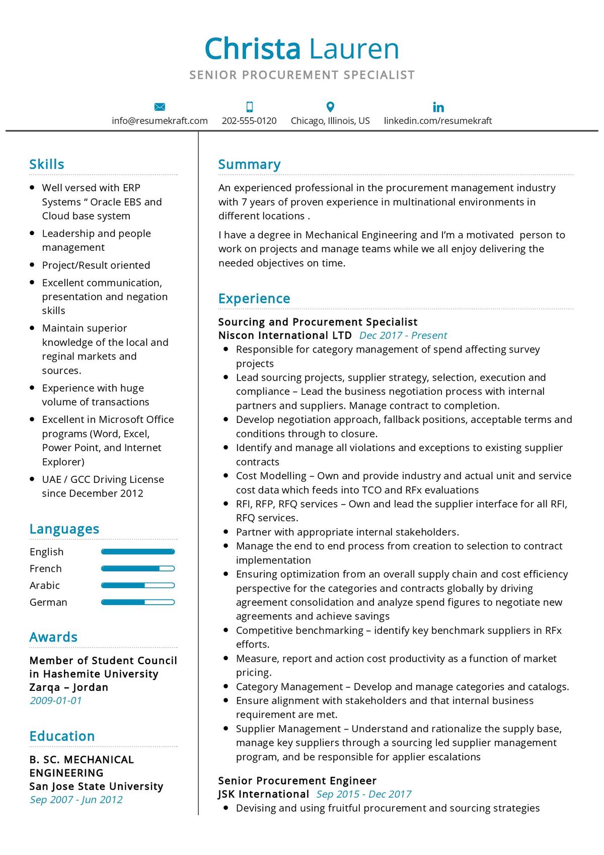 Procurement Specialist Resume Sample