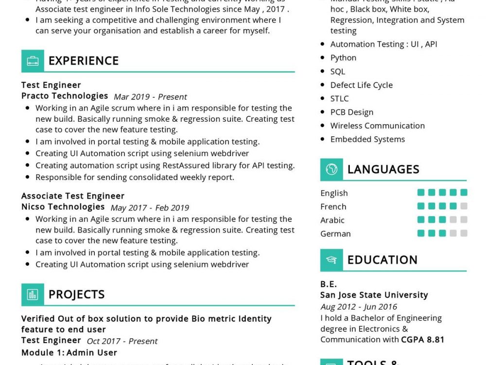 sample resume for software tester 2 years experience