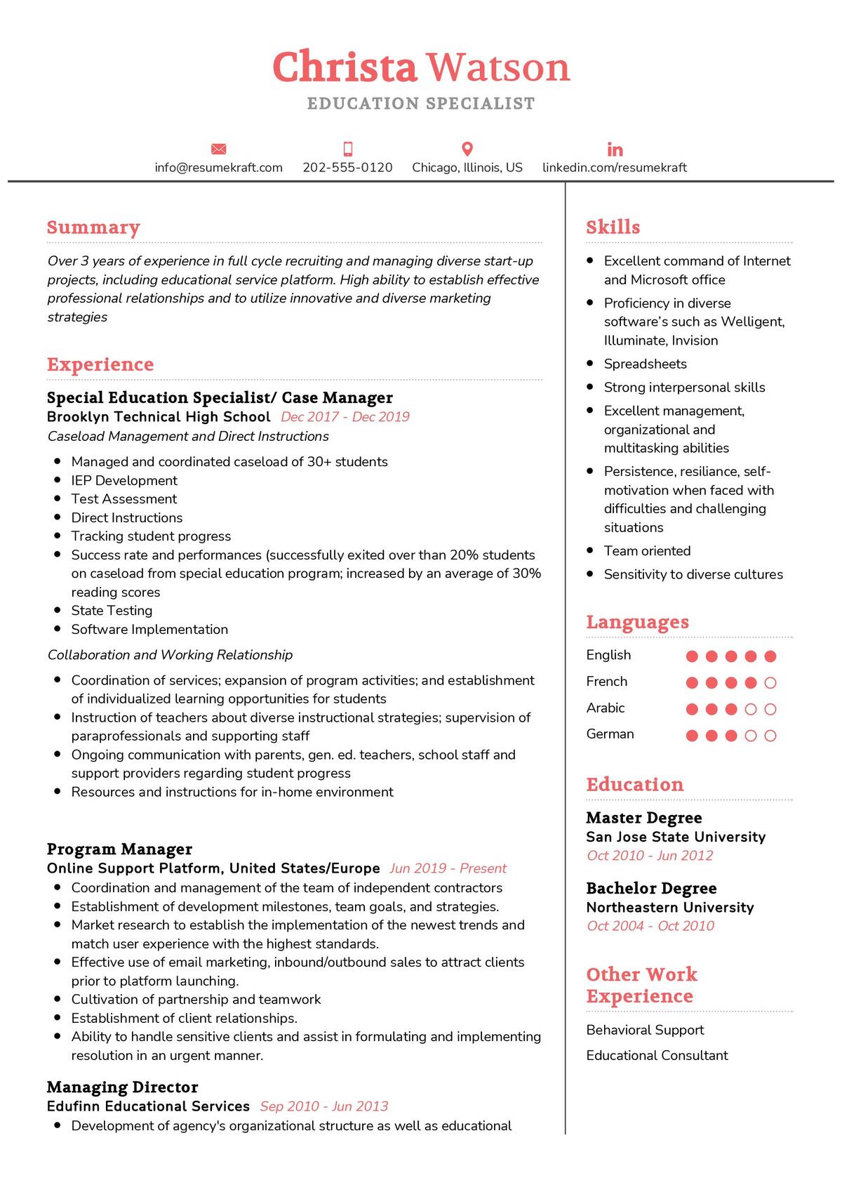 Education Specialist Resume Example 2021 Writing Guide ResumeKraft