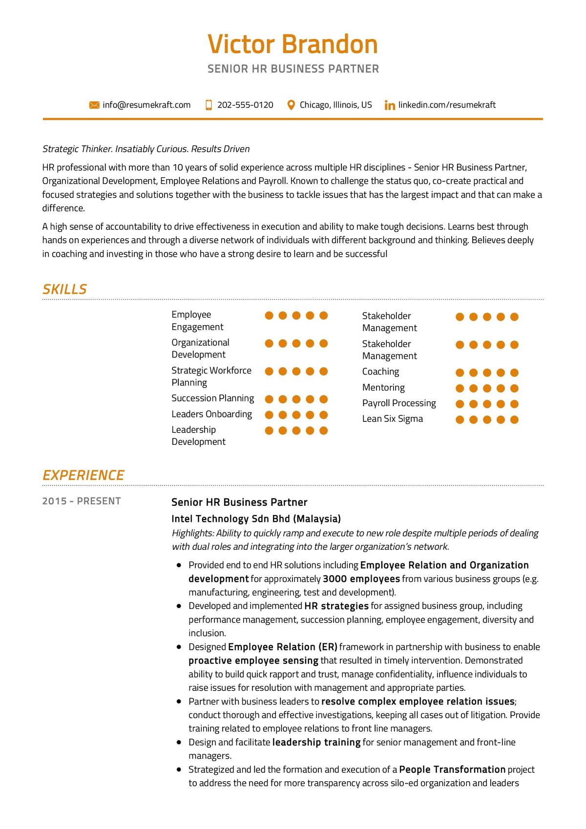 sample resume for senior hr professional