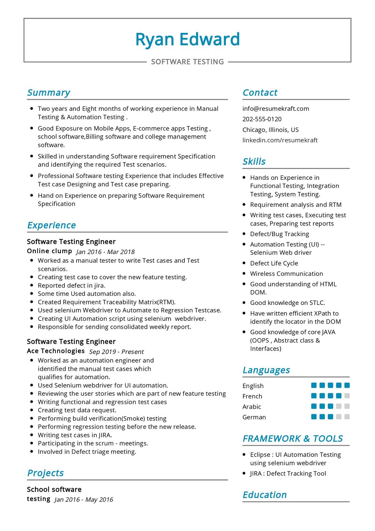 resume format for software testing engineer fresher