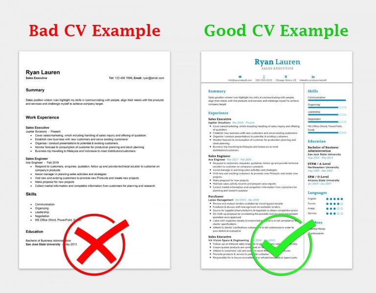 50 Good CV Examples With Writing Guide For 2024 Writing Tips   Good Cv Bad Cv 768x599 