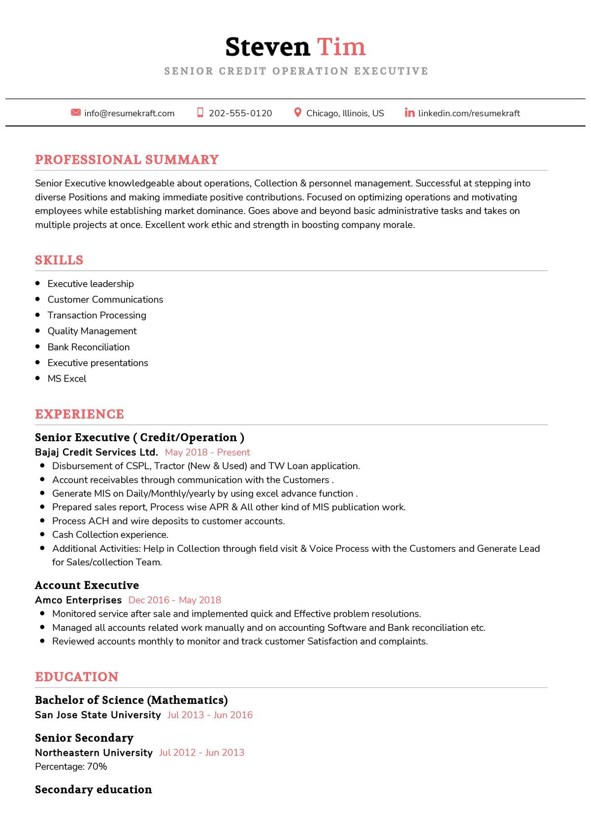 Credit Operation Executive CV Sample In 2024 ResumeKraft