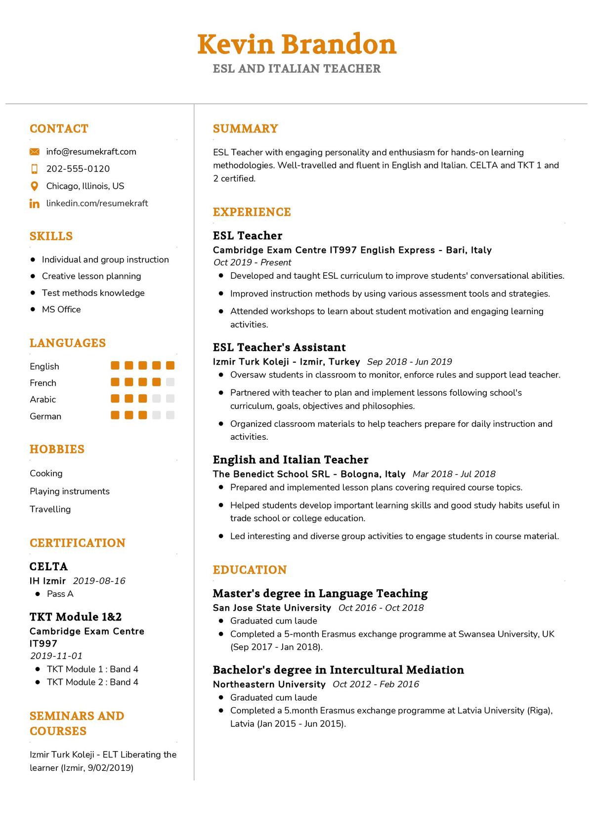 sample resume for esl teacher position