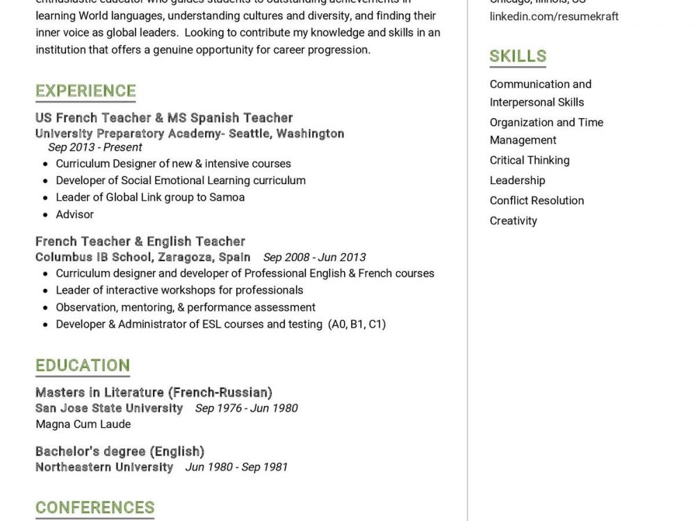 French Teacher CV Sample