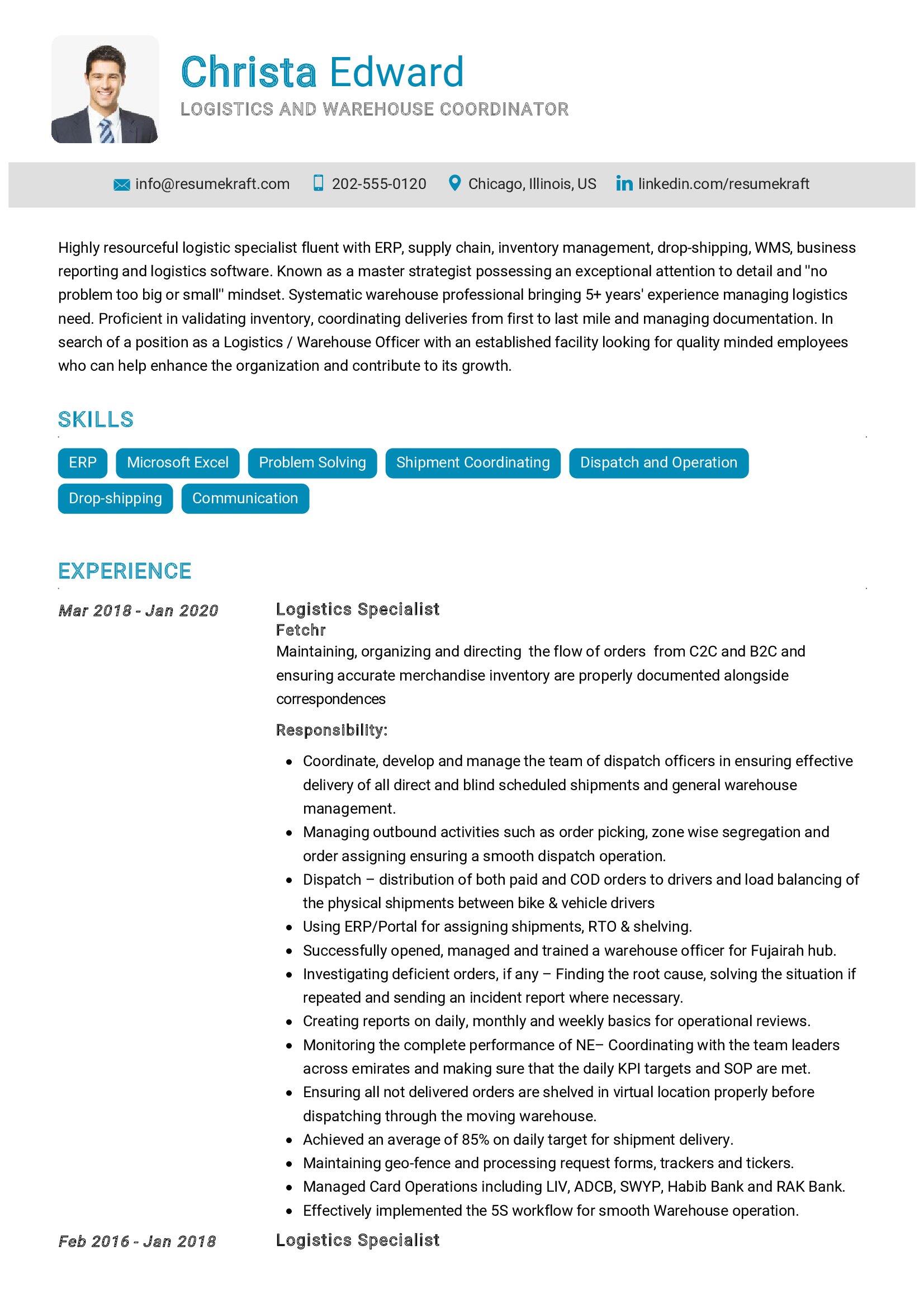 Logistics Specialist CV Sample In 2024 ResumeKraft