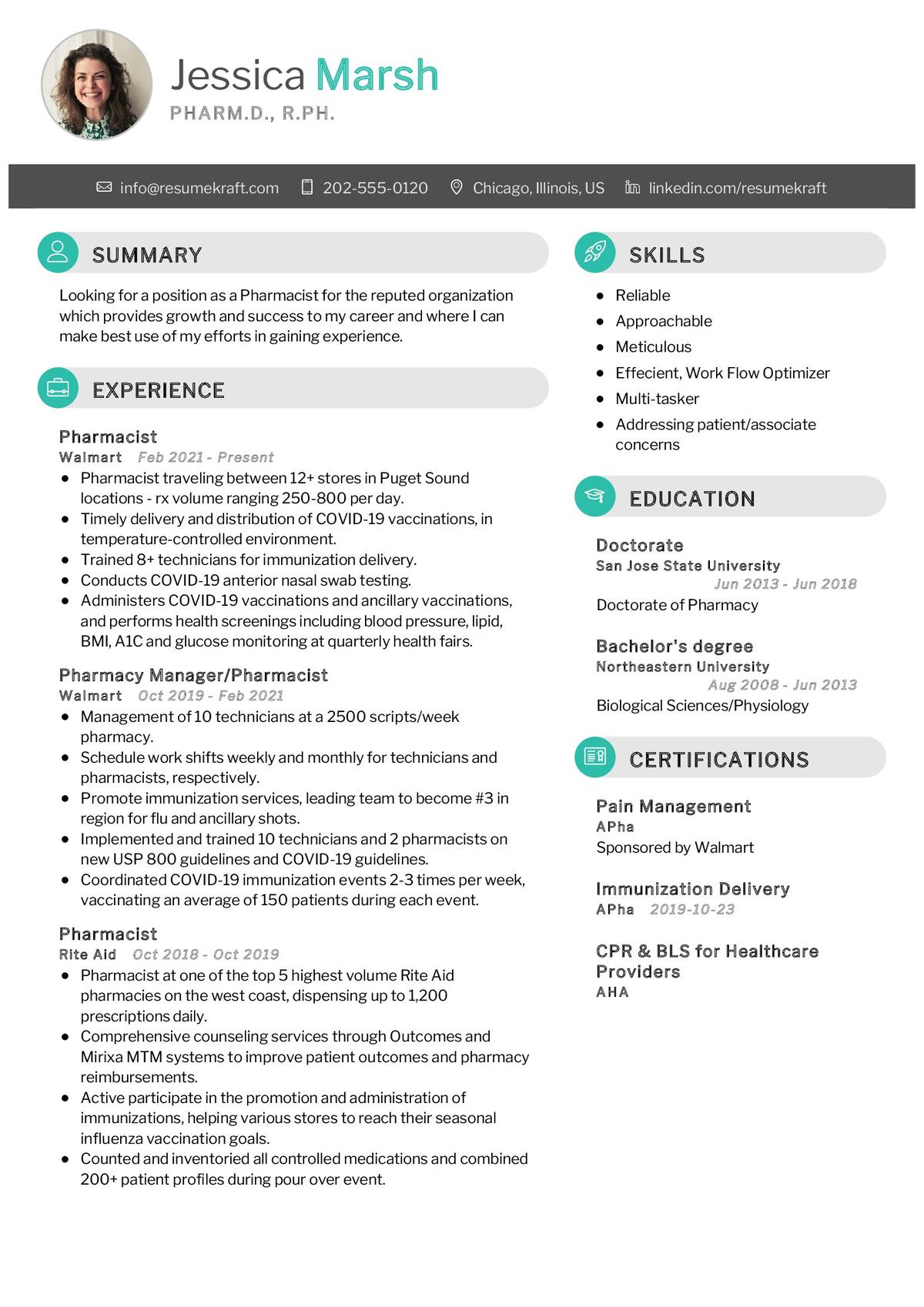 Pharmacist CV Sample In 2024 ResumeKraft