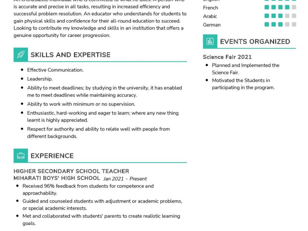 Secondary School Teacher CV Sample
