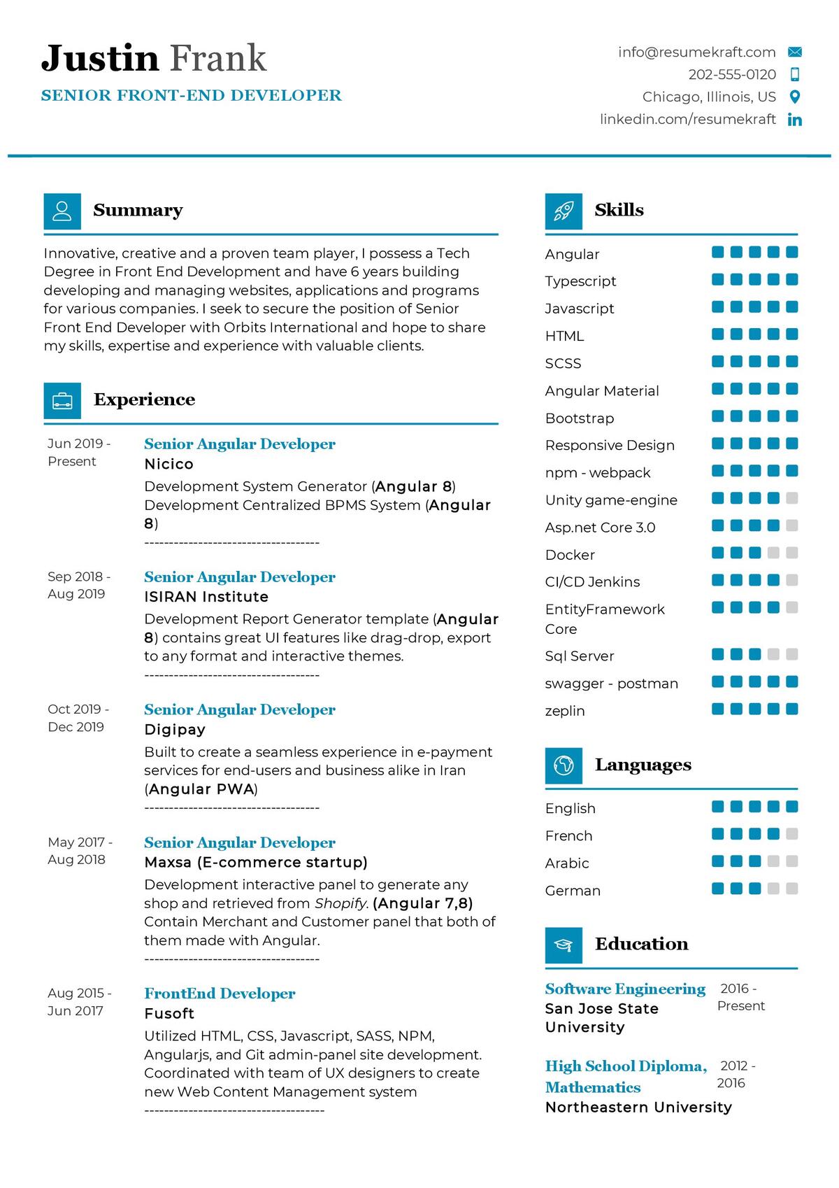 Angular Front End Developer Resume Sample