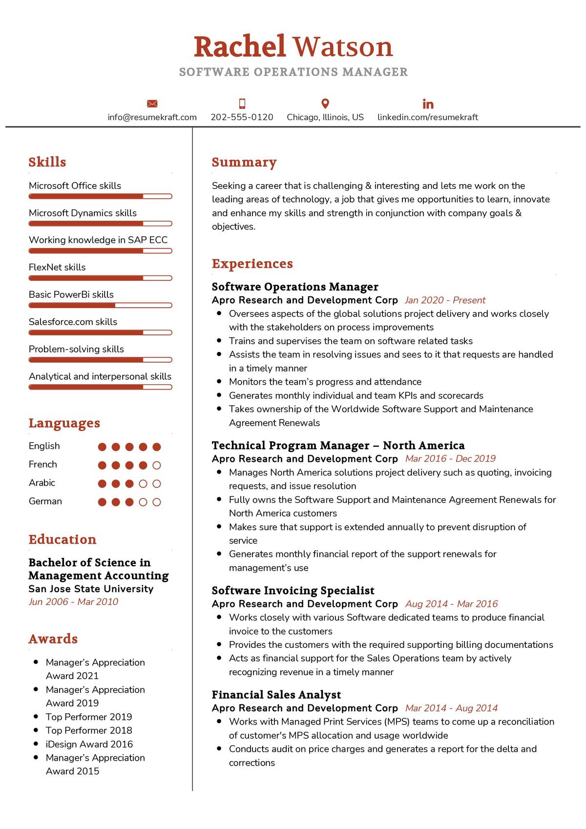 Software Operations Manager Cv Sample In Resumekraft