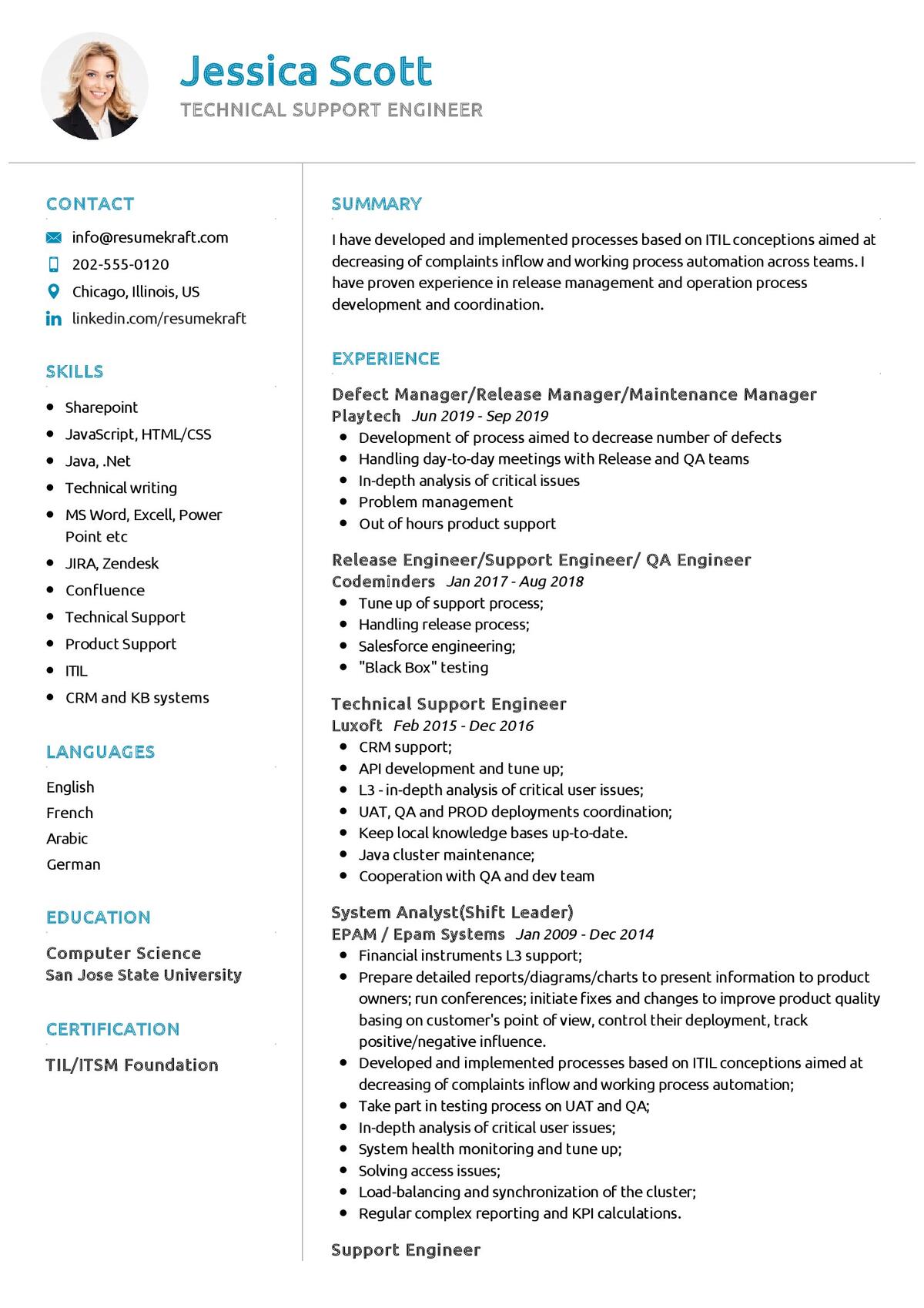 resume for technical support engineer fresher