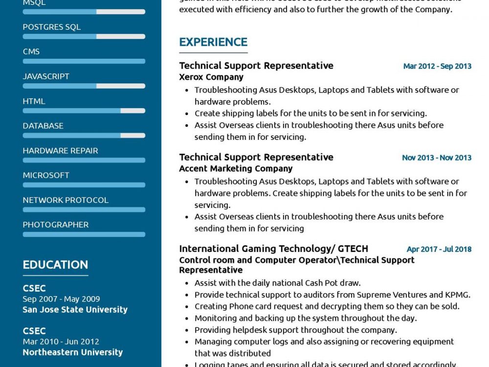 Technical Support Respresentative CV Template