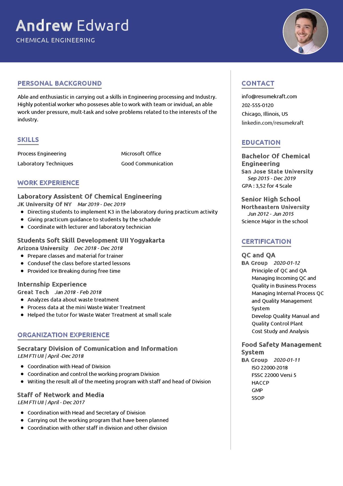 Chemical Engineering CV Sample in 2024 ResumeKraft