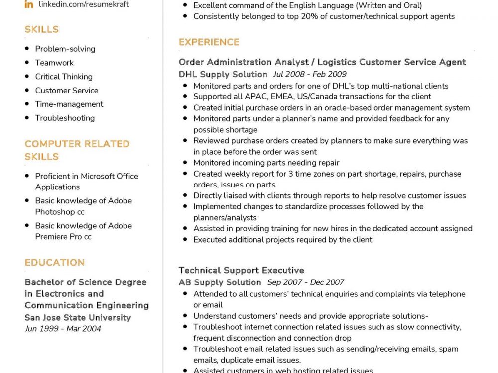 Customer Service Agent CV Sample