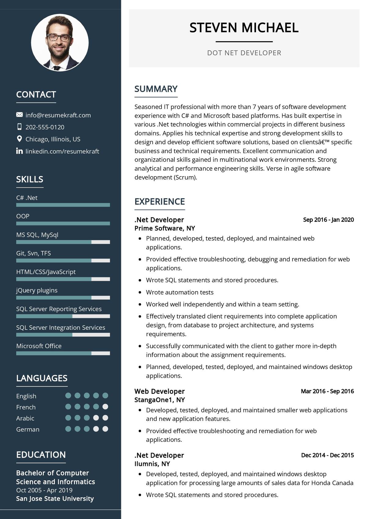 sample resume for dot net developer experience 3 years