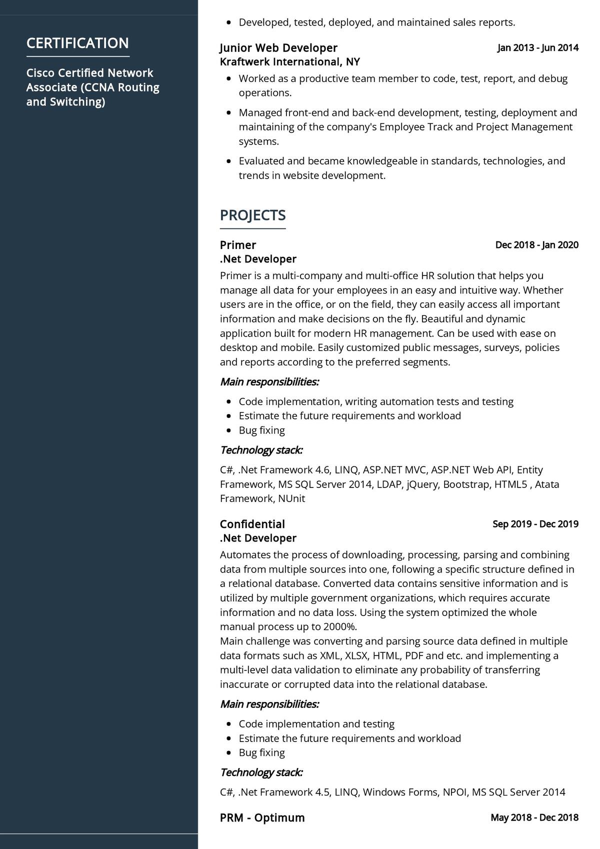 sample resume for asp.net developer fresher