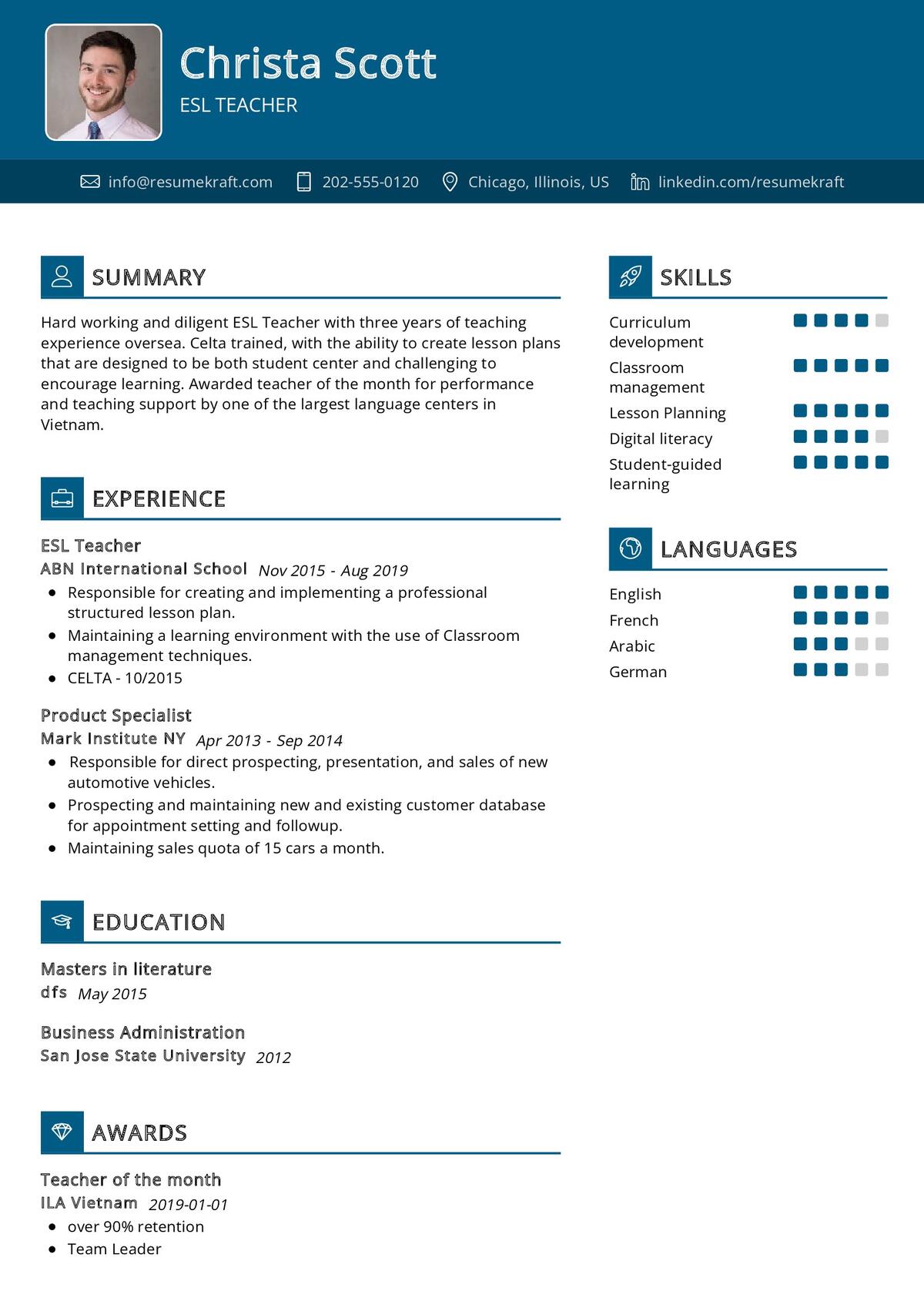 ESL Teacher CV Example in 2024 ResumeKraft