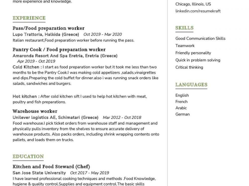 Food Steward CV Sample